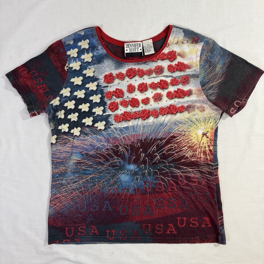 Jennifer Scott America Fireworks T-Shirt Women Sz S Stars USA Americana Y2K